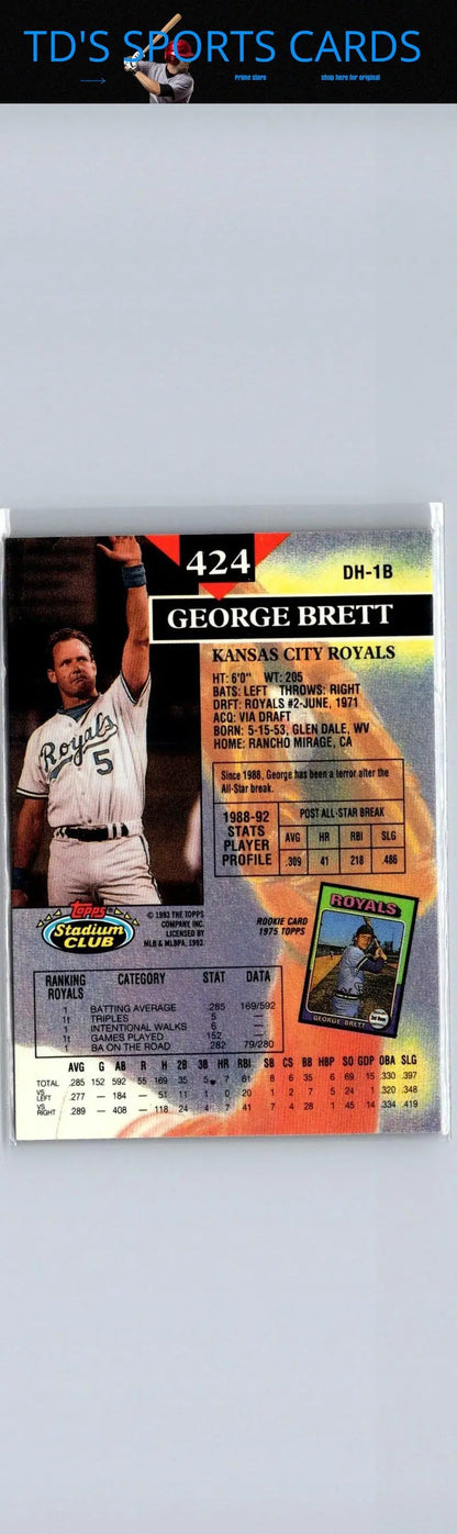 1993 Stadium Club George Brett baseball card showcasing collectible sports memorabilia