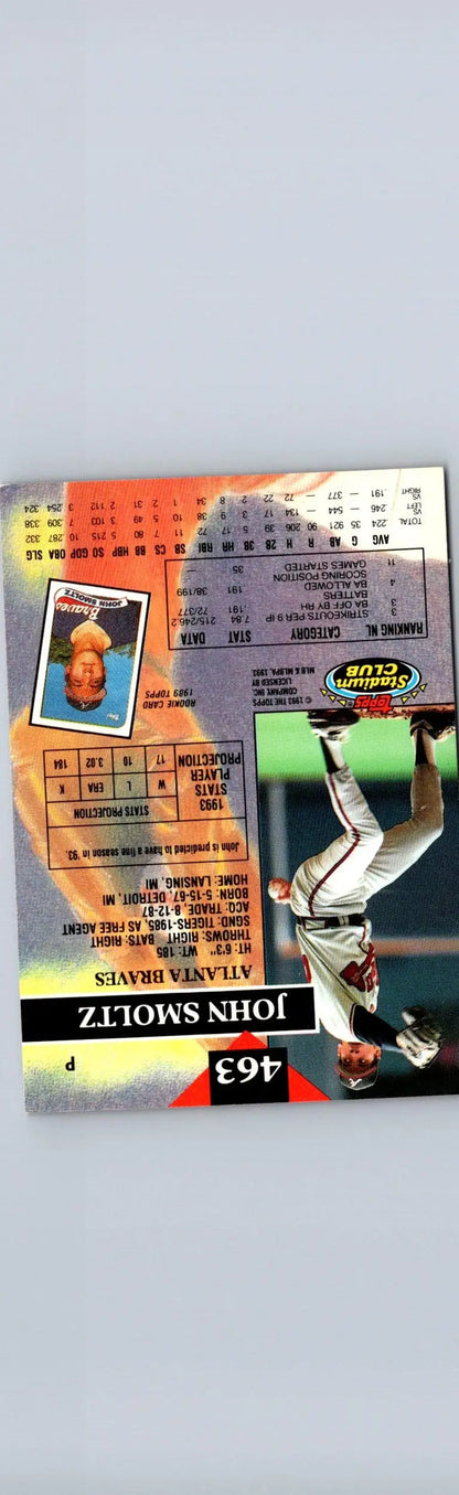 Baseball card of John Smoltz from 1993 Stadium Club with career stats and portrait