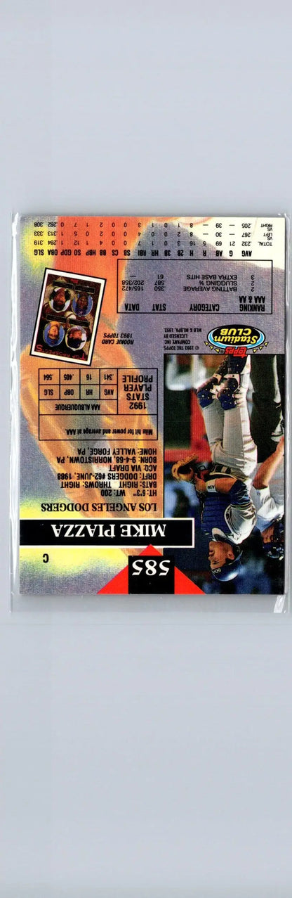 Back of 1993 Stadium Club #585 Mike Piazza First Day Production baseball trading card