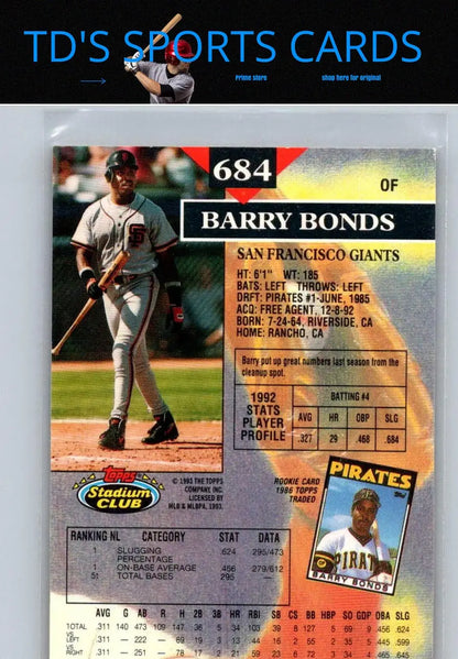Barry Bonds trading card from 1993 Stadium Club #684 showcasing his iconic baseball career