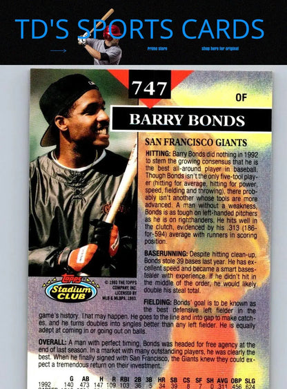 Barry Bonds baseball card from 1993 Stadium Club #747 Members Only edition