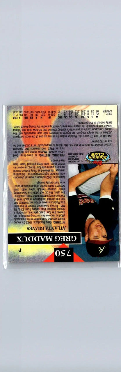 Baseball trading card featuring Greg Maddux 750b Greg Maddux Members Only 1993 Stadium Club