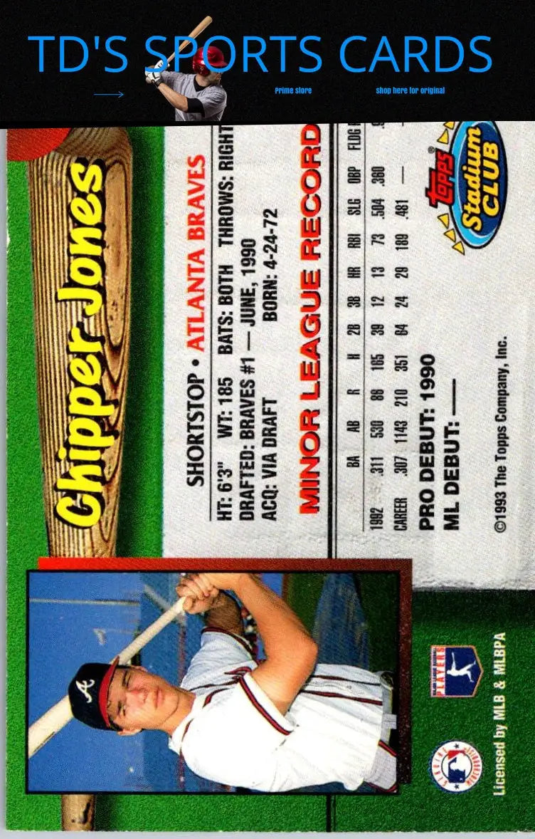 Chipper Jones baseball card from 1993 Stadium Club Atlanta Braves #9 collectible item