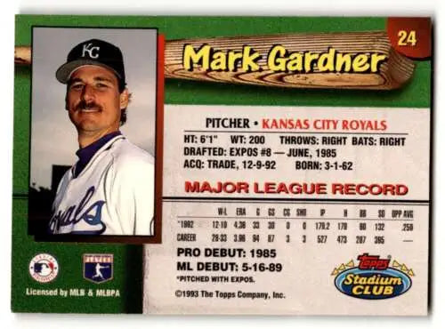 1993 Stadium Club Kansas City Royals #24 Mark Gardner baseball card displayed