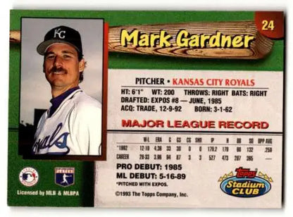 1993 Stadium Club Kansas City Royals #24 Mark Gardner baseball card displayed