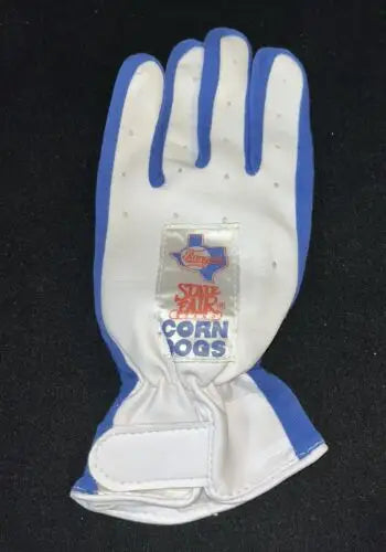 White and blue Texas Rangers batting glove inspired by State Fair corn dogs