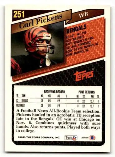 Original gloss 1993 Topps #251 Carl Pickens Cincinnati Bengals Football Card