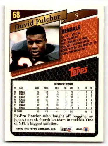 1993 Topps #68 David Fulcher Cincinnati Bengals football card original gloss condition