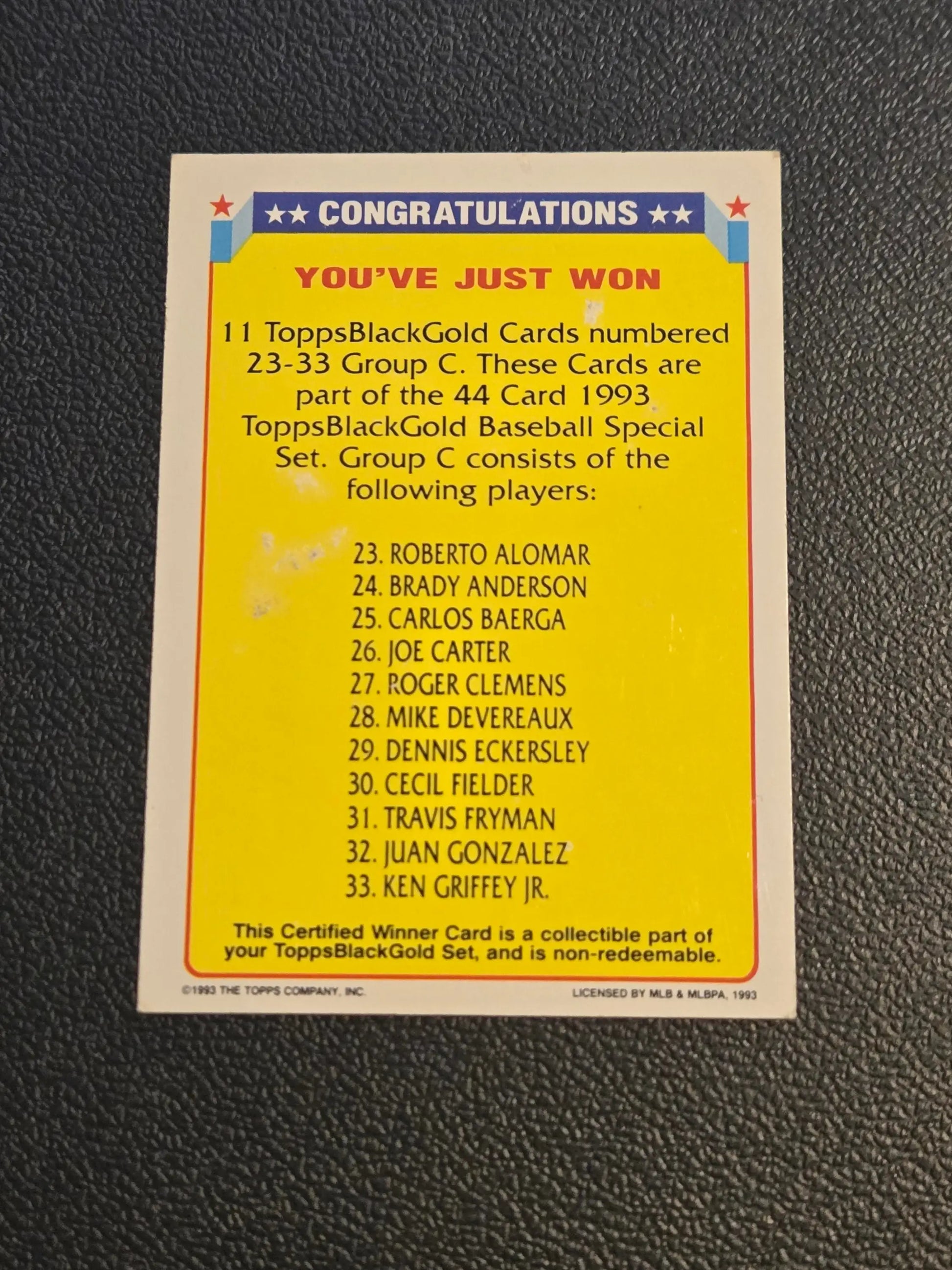 1993 Topps Certified Winner Black Gold Certified Winners Group C card display