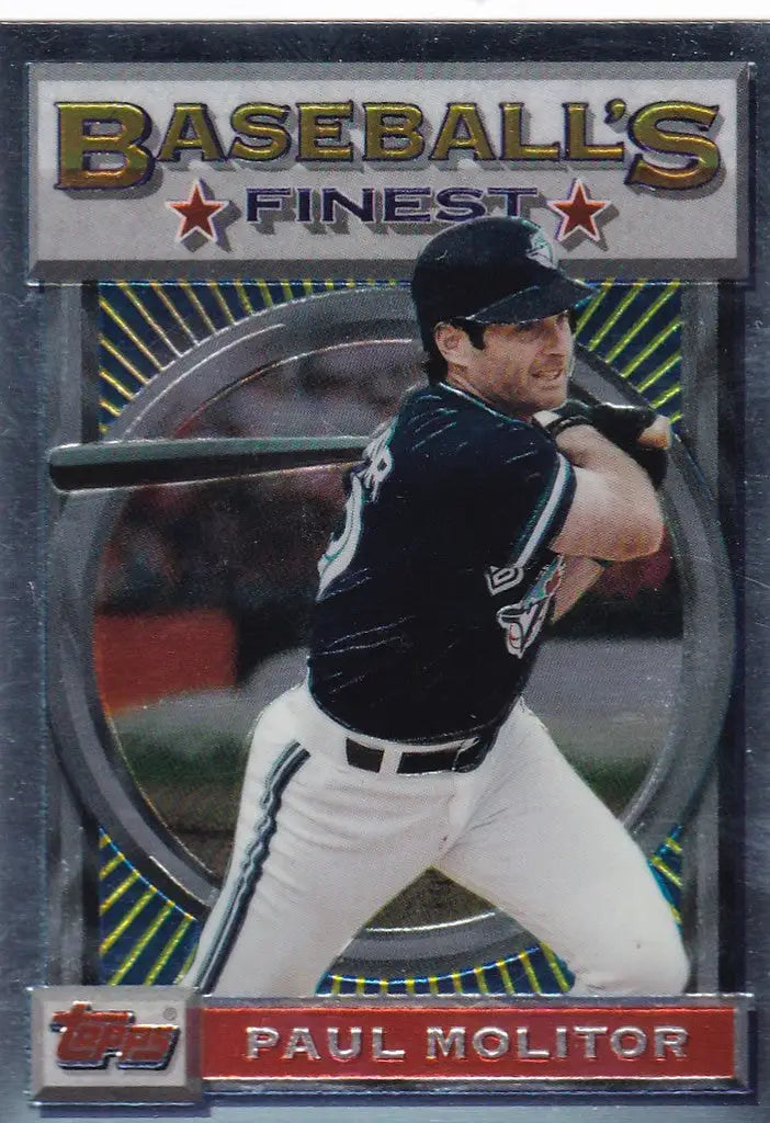 Baseball card of Paul Molitor in batting stance for Topps Finest Blue Jays