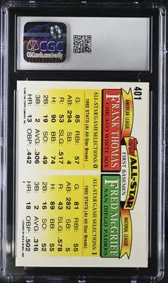 Graded 1993 Topps Fred McGriff Frank Thomas baseball card CGC 8 showing all-star design