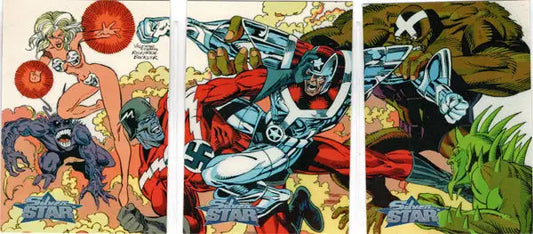 Three dynamic action scenes of Cyborg in a 1993 Topps card puzzle set