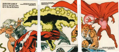 Explosive battle scene from 1993 Topps Silver Star card puzzle set with dramatic cape movement