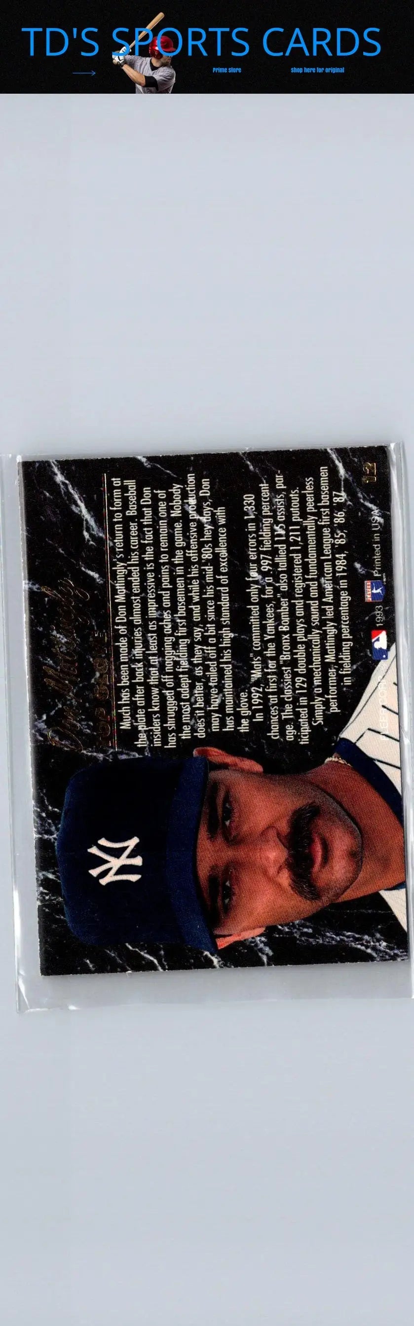 Baseball card of Don Mattingly in protective sleeve from 1993 Ultra Don Mattingly Award Winners