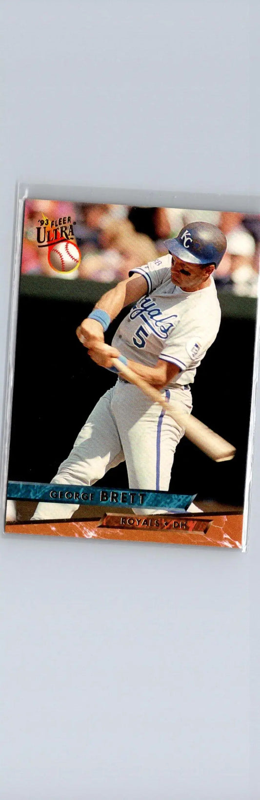 Baseball trading card featuring George Brett from Kansas City Royals in mid-swing