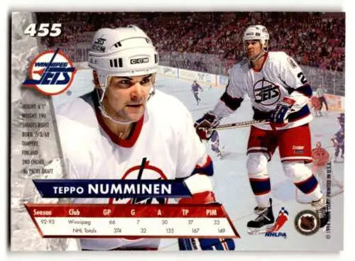 Hockey trading card of Teppo Numminen Winnipeg Jets in original gloss white jersey