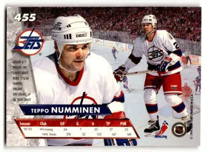 Hockey trading card of Teppo Numminen Winnipeg Jets in original gloss white jersey