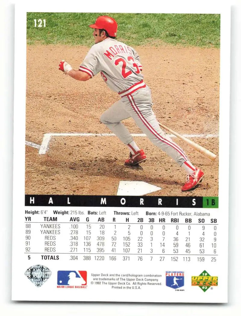 Hal Morris running to first base in gray uniform on Cincinnati Reds baseball card