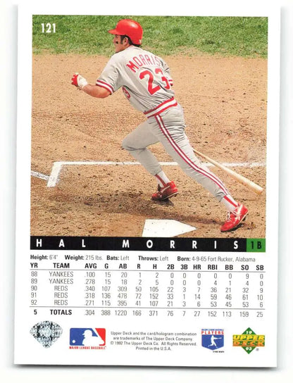 Hal Morris running to first base in gray uniform on Cincinnati Reds baseball card
