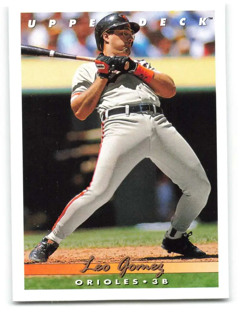 Baseball player Leo Gomez in white uniform swinging bat on 1993 Upper Deck baseball card