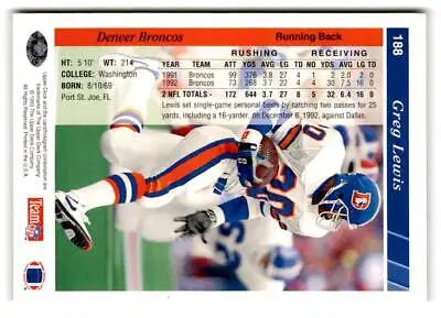 Greg Lewis diving in Denver Broncos uniform on 1993 Upper Deck trading card