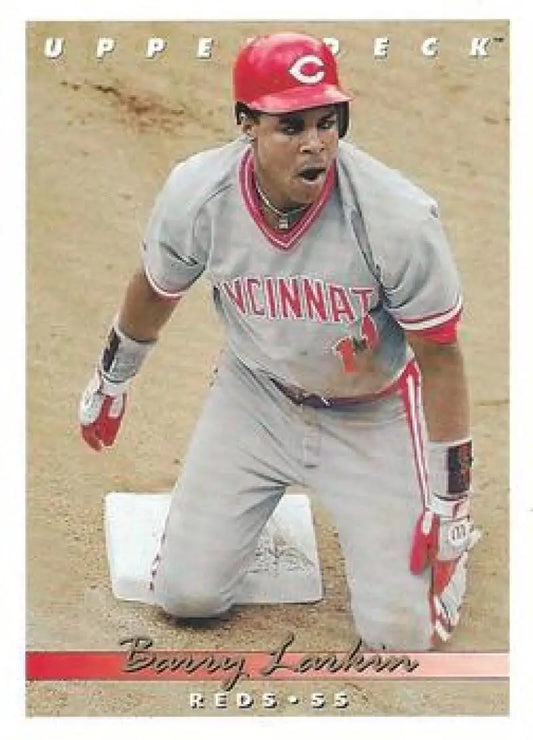 Barry Larkin showing intense emotion in Cincinnati Reds gray uniform baseball card image