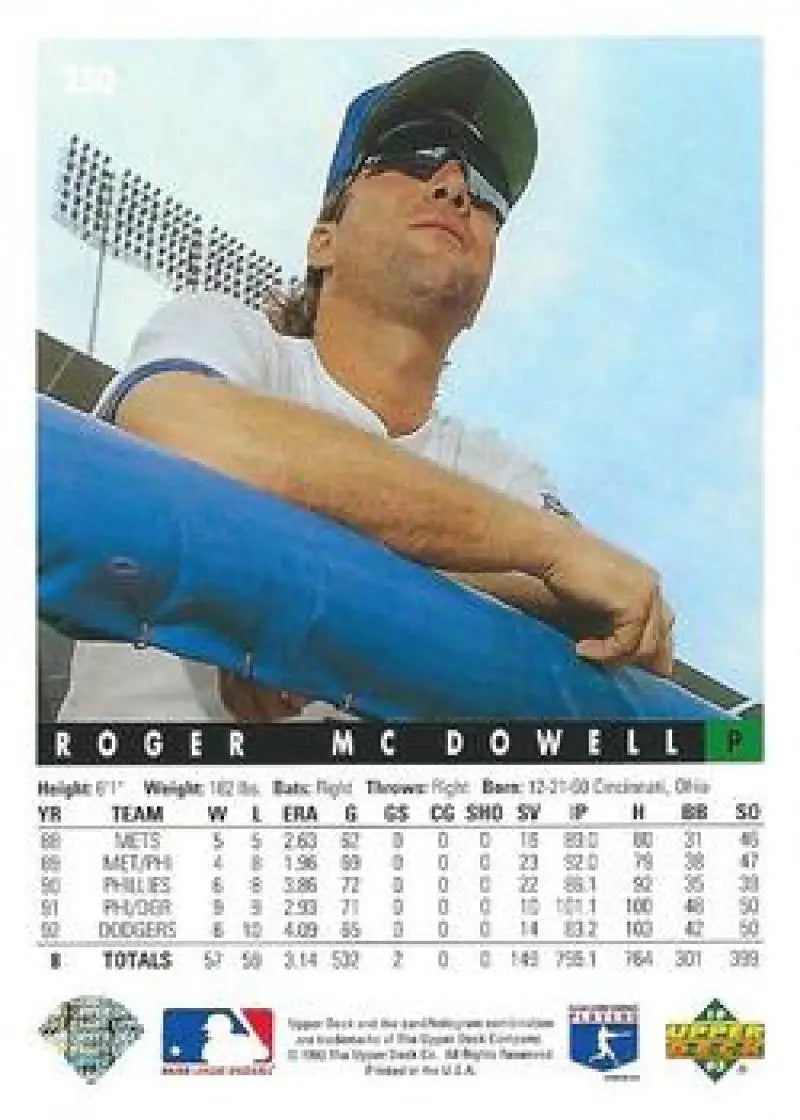 1993 Upper Deck #250 Roger McDowell Baseball Card in Los Angeles Dodgers Uniform