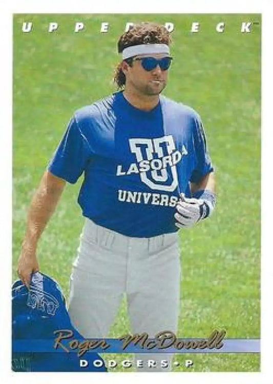 Baseball card featuring Roger McDowell in Los Angeles Dodgers gear from Upper Deck