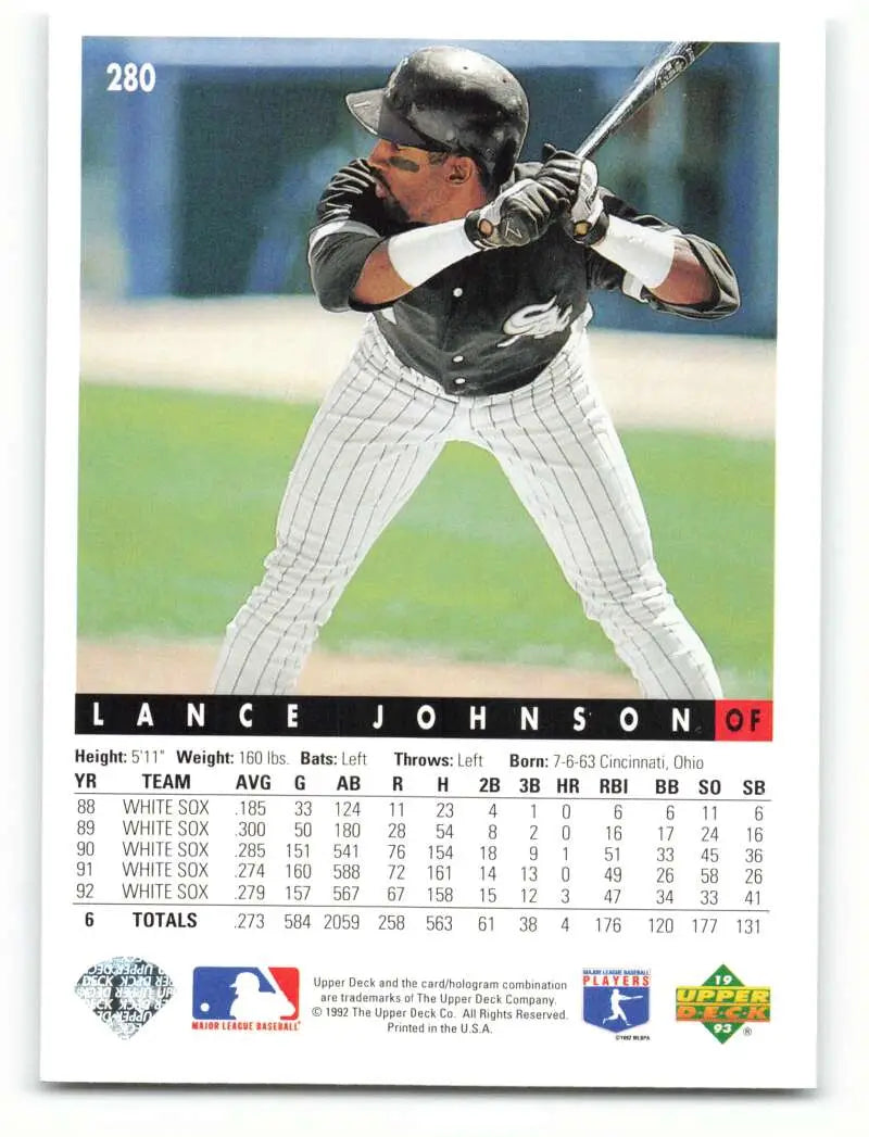 Lance Johnson in a pinstriped uniform at bat on a Chicago White Sox baseball card