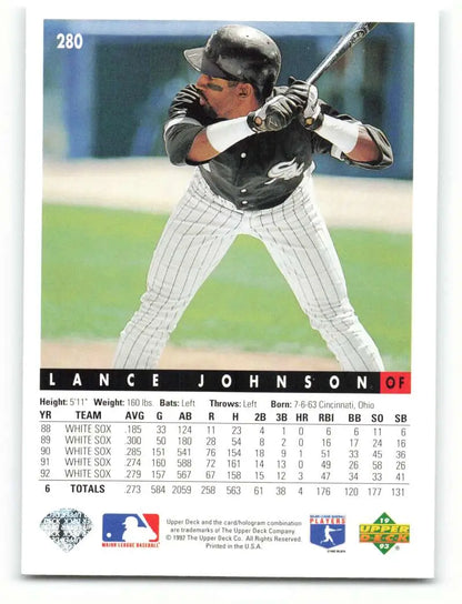 Lance Johnson in a pinstriped uniform at bat on a Chicago White Sox baseball card