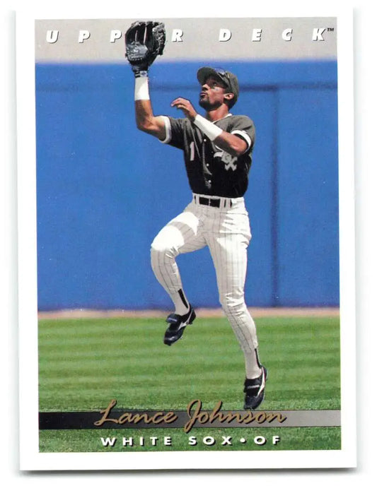 Lance Johnson catches a ball in a Chicago White Sox uniform on a baseball card