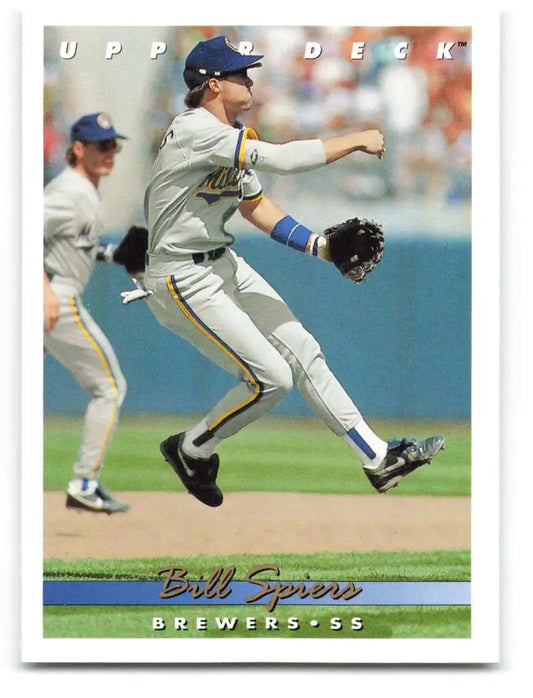 Milwaukee Brewers baseball card featuring Bill Spiers mid-fielding action by Upper Deck