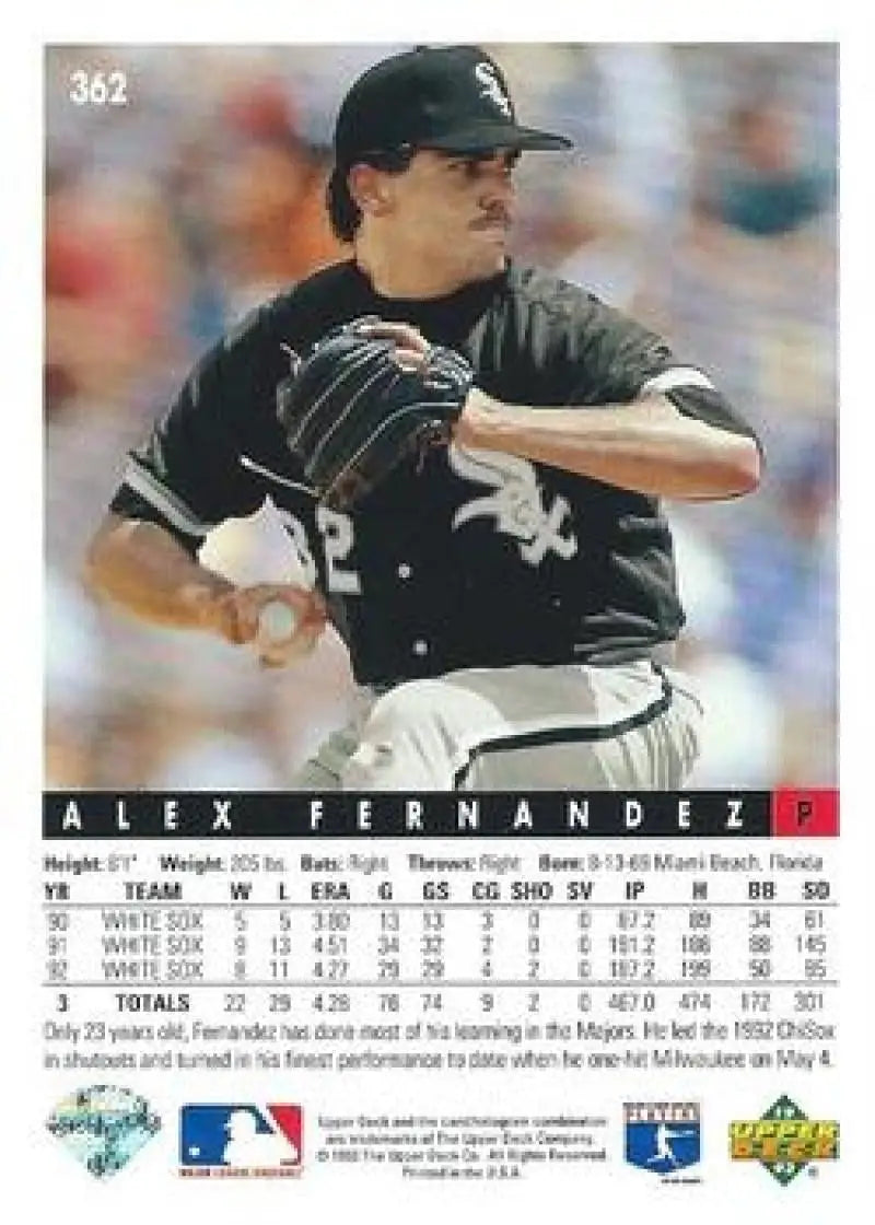 Baseball card of Chicago White Sox pitcher Alex Fernandez in mid-throwing motion