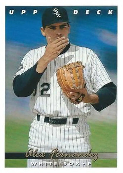 Baseball card of Chicago White Sox player Alex Fernandez in pinstriped uniform
