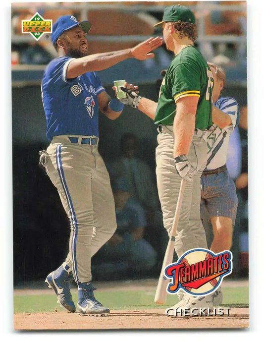 Baseball card of Joe Carter and Mark McGwire in a tense moment on the field
