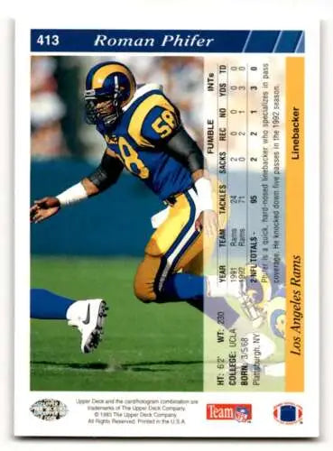 Roman Phifer Los Angeles Rams football card featuring original gloss from 1993 Upper Deck