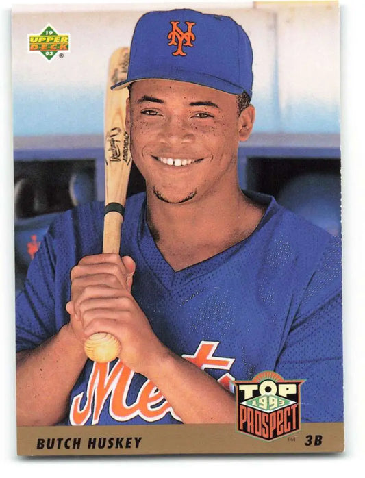 Baseball card of Butch Huskey in blue uniform for New York Mets by Upper Deck