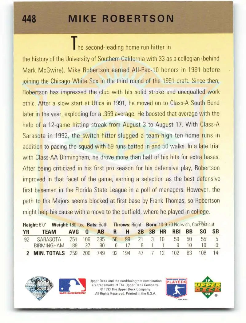 1993 Upper Deck #448 Mike Robertson TP Chicago White Sox Baseball Card with stats