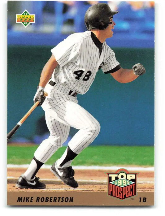 Chicago White Sox player #38 Mike Robertson swinging in pinstriped uniform on baseball card