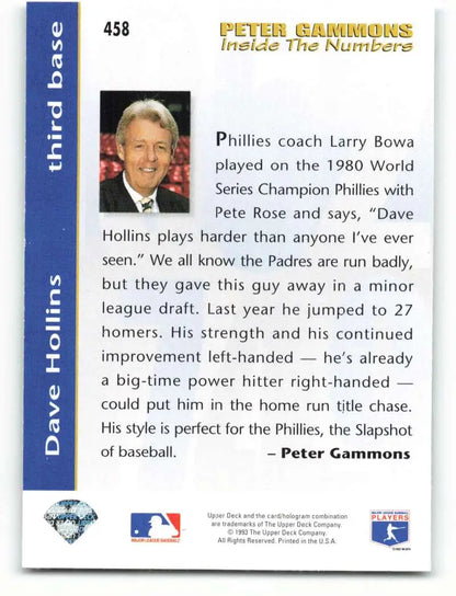 Baseball card of Dave Hollins showcasing stats in Upper Deck Philadelphia Phillies design