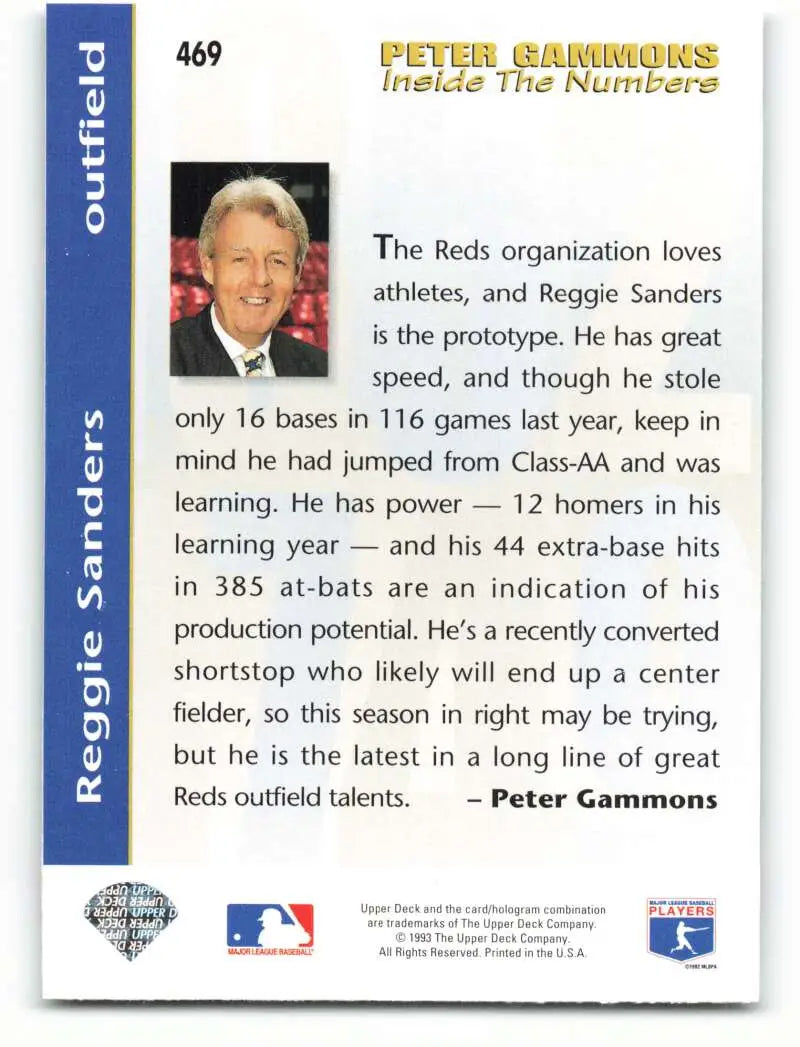 1993 Upper Deck #469 Reggie Sanders VG Cincinnati Reds Baseball Card showcasing stats