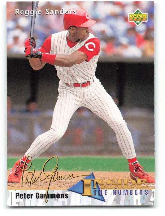 Baseball card of Reggie Sanders in pinstriped uniform for Cincinnati Reds