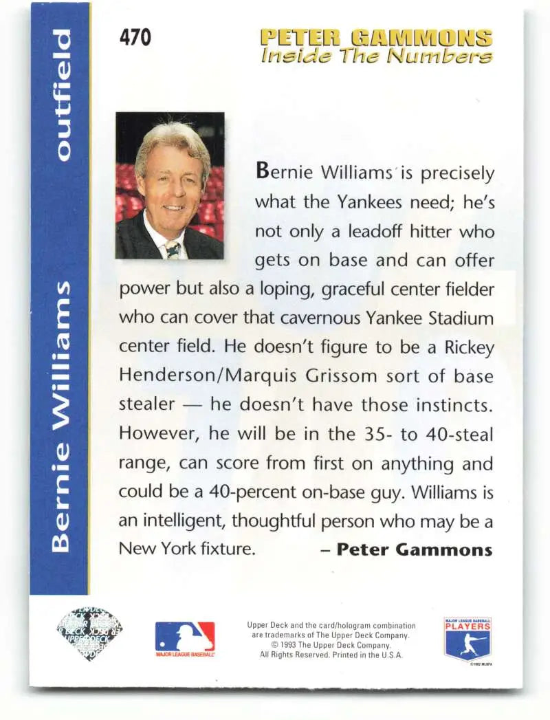 1993 Upper Deck #470 Bernie Williams Baseball Card with player statistics for New York Yankees