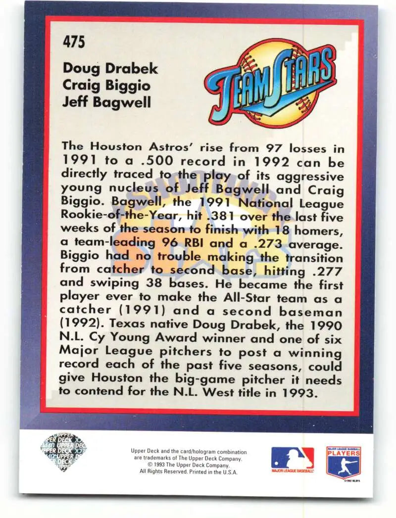 1993 Upper Deck Baseball card featuring Doug Drabek, Craig Biggio, and Jeff Bagwell