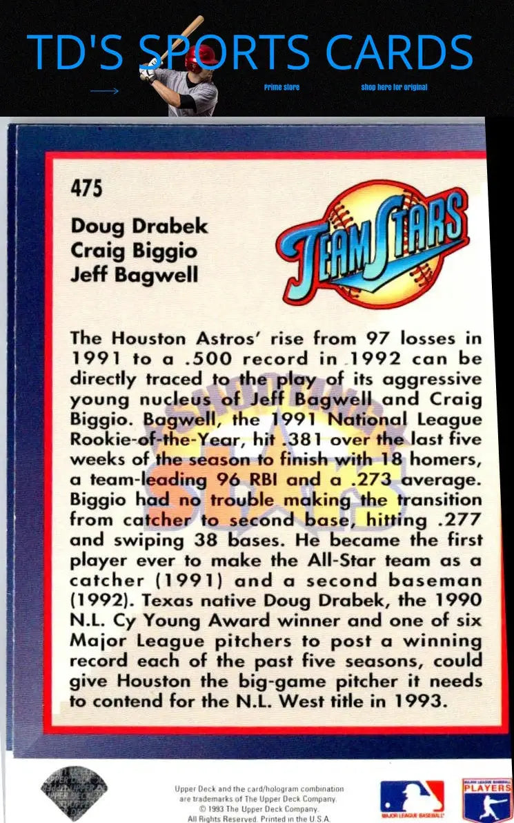 Back of 1993 Upper Deck Shooting Stars card featuring Doug Drabek and Craig Biggio