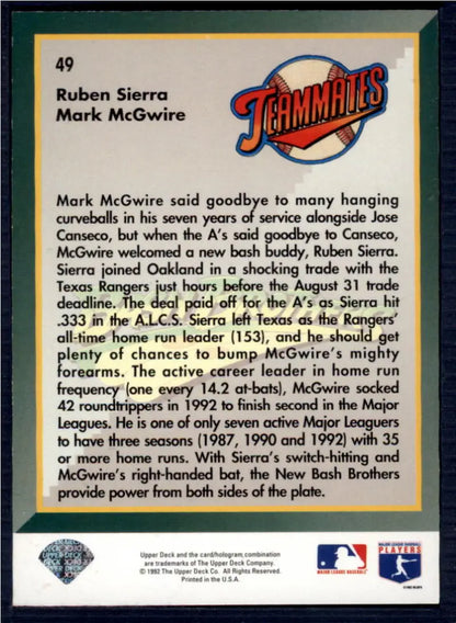 Baseball card featuring Ruben Sierra and Mark McGwire for Oakland Athletics collectors