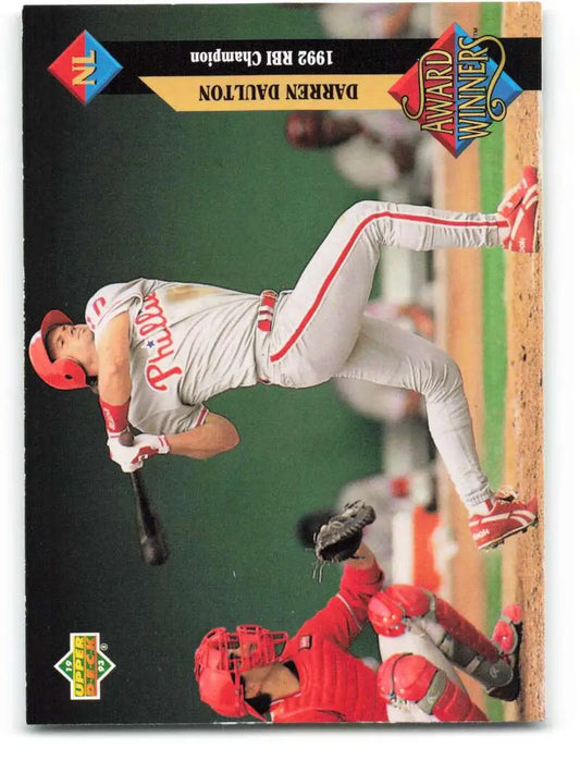 Baseball card of Darren Daulton sliding into base for the Philadelphia Phillies