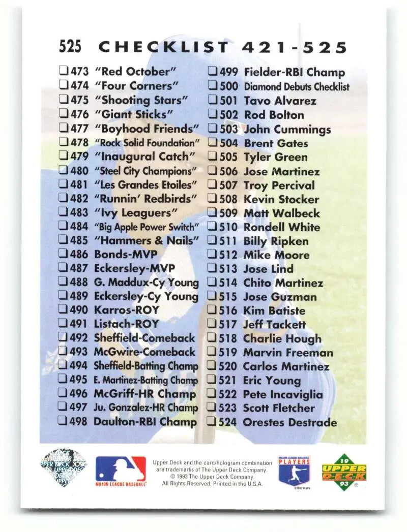 Baseball card checklist 421-525 with Ken Griffey Jr. Seattle Mariners and Upper Deck products