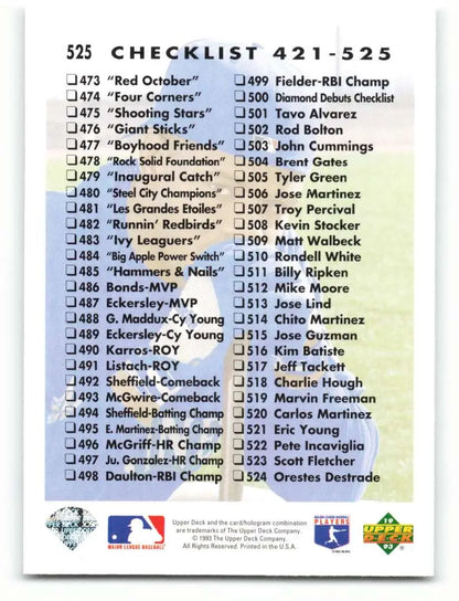 Baseball card checklist 421-525 with Ken Griffey Jr. Seattle Mariners and Upper Deck products