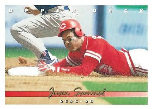 Juan Samuel sliding into base in Cincinnati Reds uniform on Upper Deck baseball card